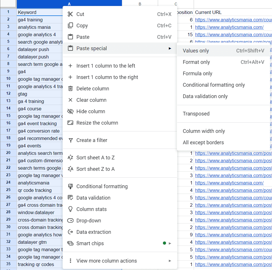 The drop-down menu with the "Values only" option in Google Sheets